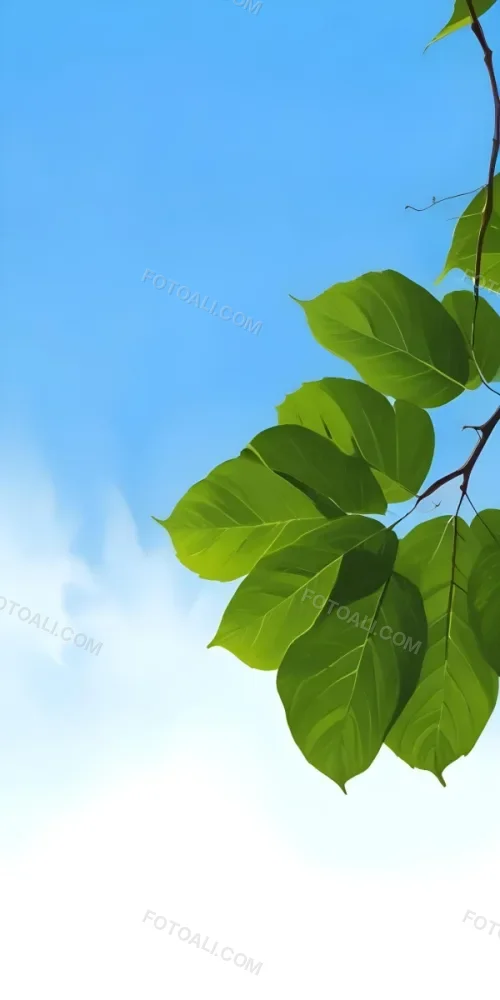 Minimal Soft Studio Light Photography Green Leaves With Thin Veins Against A Blue Sky Background High Detail Solid Bold Color Background 46 18e0