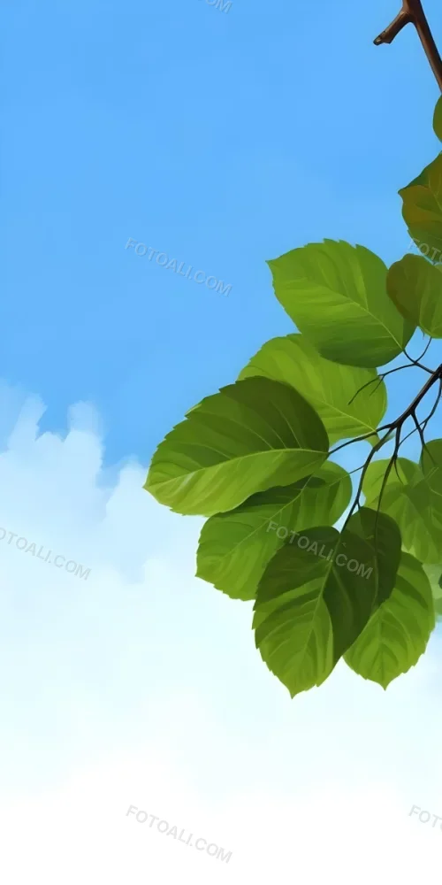 Minimal Soft Studio Light Photography Green Leaves With Thin Veins Against A Blue Sky Background High Detail Solid Bold Color Background 47 B19d