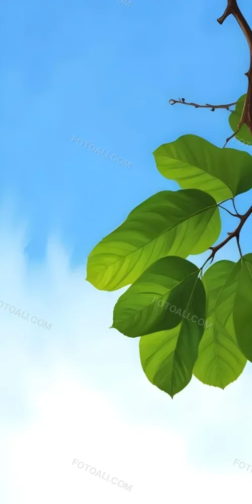 Minimal Soft Studio Light Photography Green Leaves With Thin Veins Against A Blue Sky Background High Detail Solid Bold Color Background 48 2098