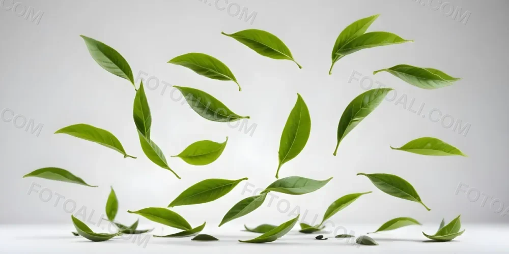 Minimal Soft Studio Light Photography Green Tea Leaves Floating Against A White Background High Detail Solid Bold Color Background 32 460e