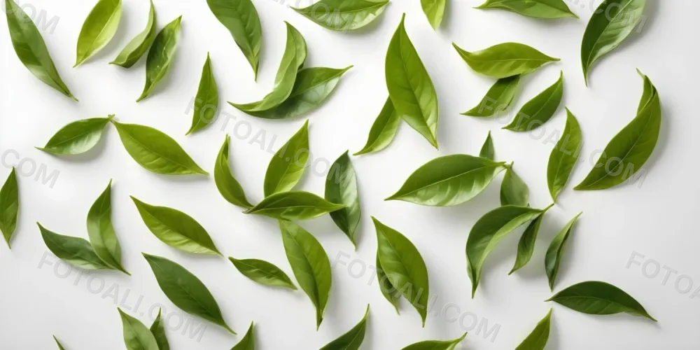 Minimal Soft Studio Light Photography Green Tea Leaves Floating Against A White Background High Detail Solid Bold Color Background 5 2300