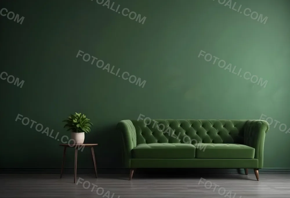 Minimal Soft Studio Light Photography Green Tufted Sofa In A Minimalist Room With A Potted Plant On A Side Table Against A Dark Green Wall High Detail Solid Bold Color Background 1 10e2