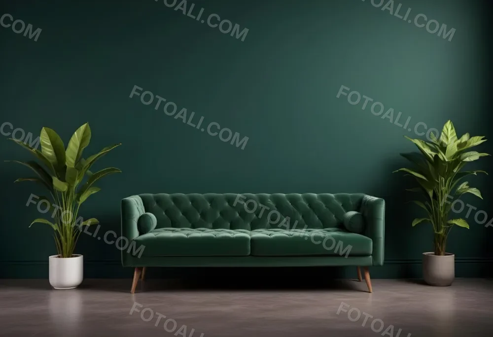 Minimal Soft Studio Light Photography Green Tufted Sofa In A Minimalist Room With A Potted Plant On A Side Table Against A Dark Green Wall High Detail Solid Bold Color Background 11 Dc86