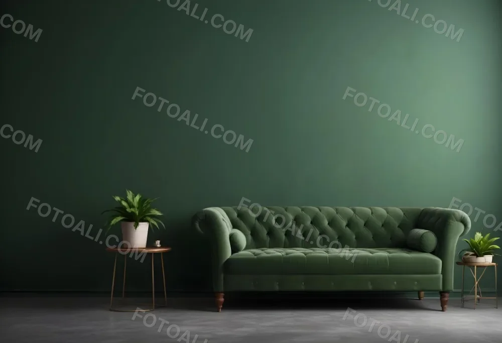 Minimal Soft Studio Light Photography Green Tufted Sofa In A Minimalist Room With A Potted Plant On A Side Table Against A Dark Green Wall High Detail Solid Bold Color Background 13 E2ef