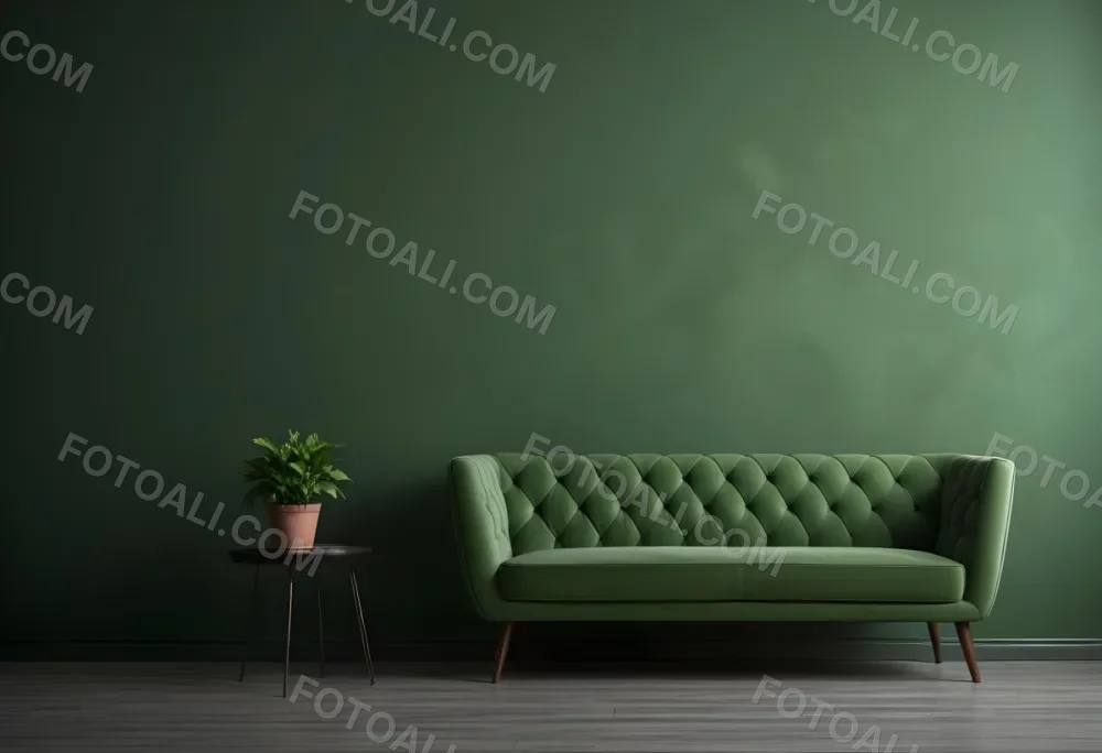 Minimal Soft Studio Light Photography Green Tufted Sofa In A Minimalist Room With A Potted Plant On A Side Table Against A Dark Green Wall High Detail Solid Bold Color Background 14 Facb