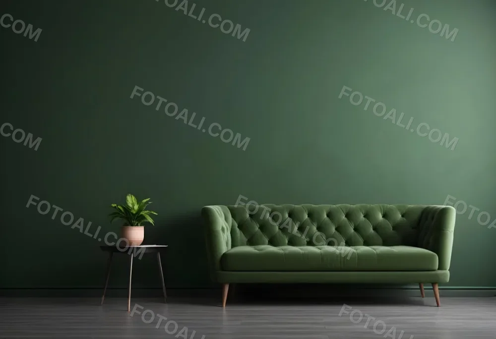 Minimal Soft Studio Light Photography Green Tufted Sofa In A Minimalist Room With A Potted Plant On A Side Table Against A Dark Green Wall High Detail Solid Bold Color Background 15 F7ce