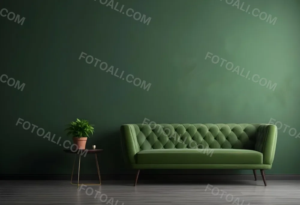 Minimal Soft Studio Light Photography Green Tufted Sofa In A Minimalist Room With A Potted Plant On A Side Table Against A Dark Green Wall High Detail Solid Bold Color Background 16 E171