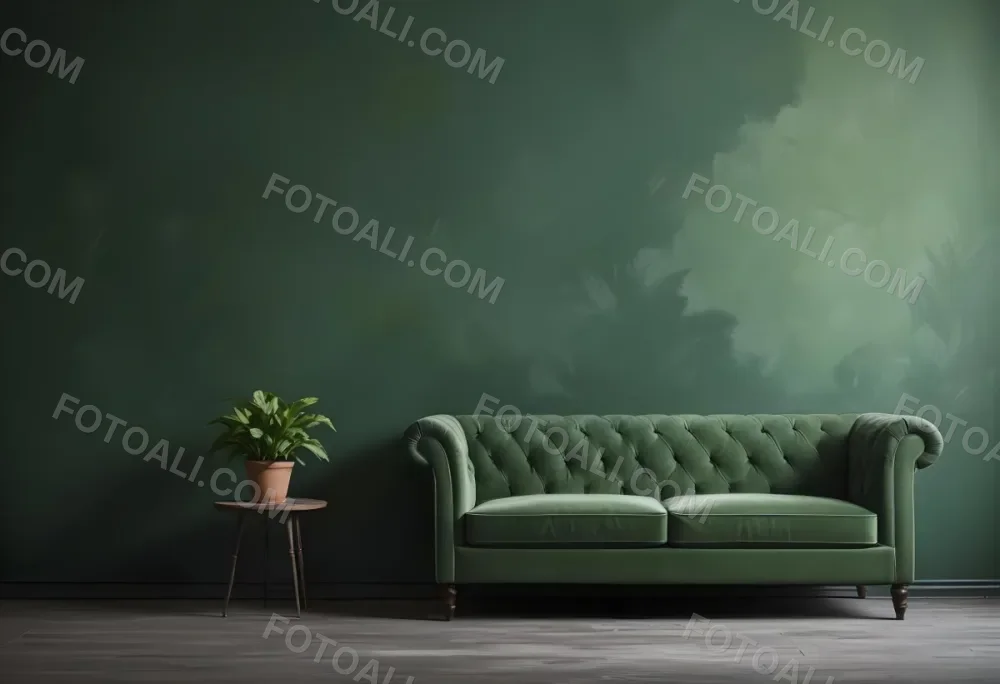 Minimal Soft Studio Light Photography Green Tufted Sofa In A Minimalist Room With A Potted Plant On A Side Table Against A Dark Green Wall High Detail Solid Bold Color Background 2 A023