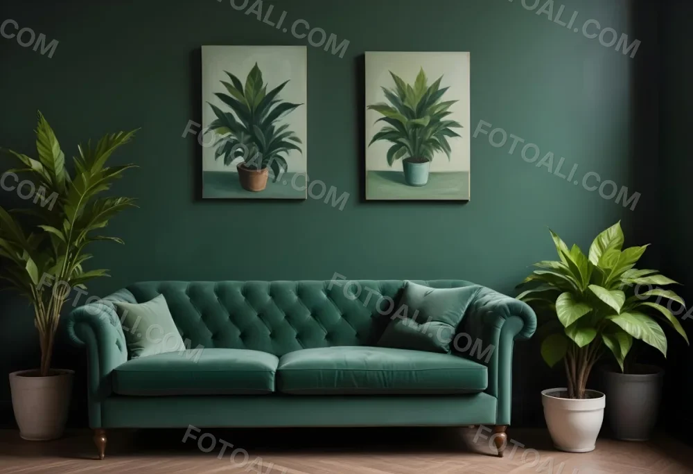 Minimal Soft Studio Light Photography Green Tufted Sofa In A Minimalist Room With A Potted Plant On A Side Table Against A Dark Green Wall High Detail Solid Bold Color Background 3 0bcf