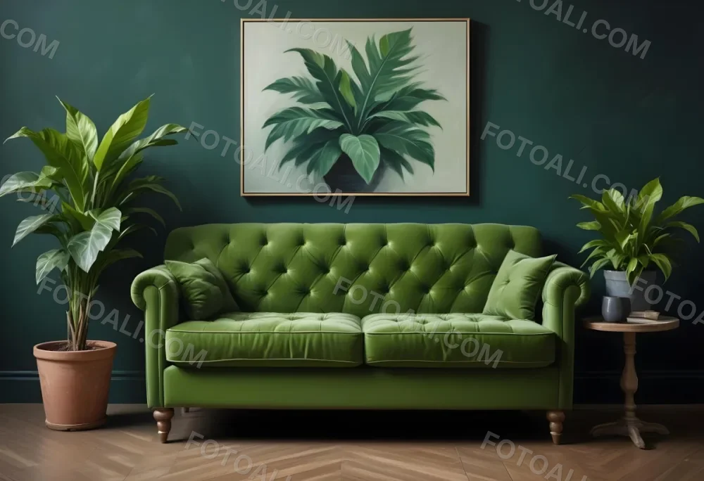 Minimal Soft Studio Light Photography Green Tufted Sofa In A Minimalist Room With A Potted Plant On A Side Table Against A Dark Green Wall High Detail Solid Bold Color Background 4 A1ba