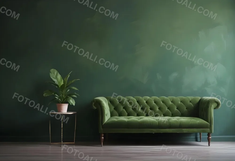 Minimal Soft Studio Light Photography Green Tufted Sofa In A Minimalist Room With A Potted Plant On A Side Table Against A Dark Green Wall High Detail Solid Bold Color Background 5 C8d2