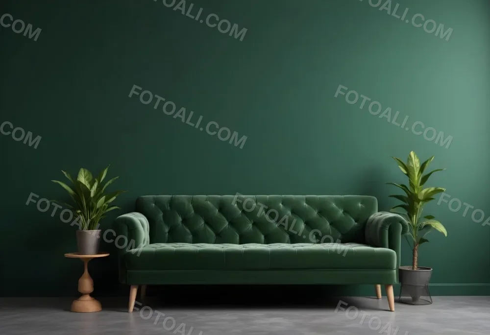 Minimal Soft Studio Light Photography Green Tufted Sofa In A Minimalist Room With A Potted Plant On A Side Table Against A Dark Green Wall High Detail Solid Bold Color Background 6 47ff