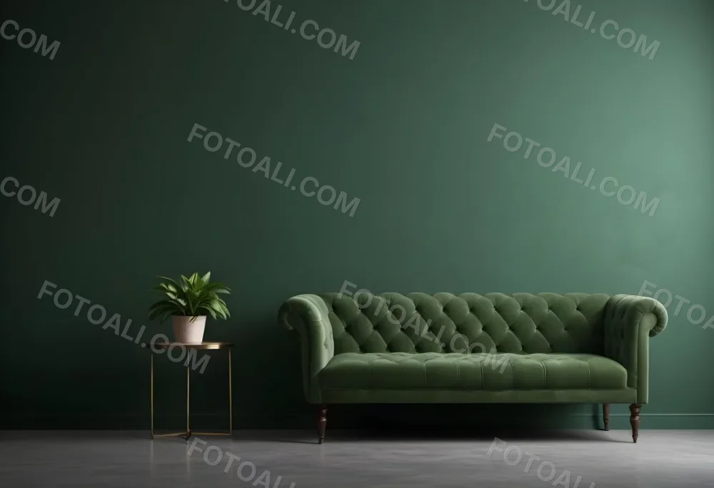 Minimal Soft Studio Light Photography Green Tufted Sofa In A Minimalist Room With A Potted Plant On A Side Table Against A Dark Green Wall High Detail Solid Bold Color Background 8 82c4