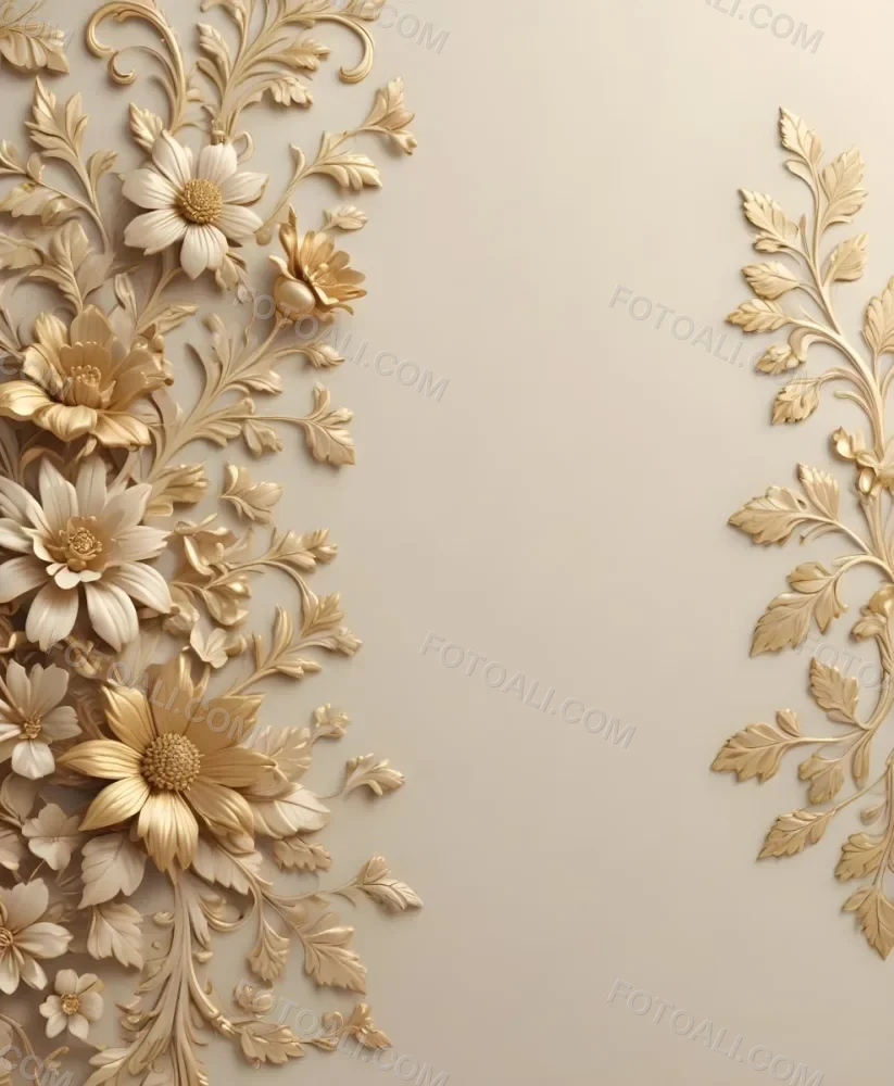 Minimal Soft Studio Light Photography Ornate Floral Pattern With Intricate Golden Flowers And Leaves On A Light Beige Background High Detail Solid Bold Color Background 34 D161
