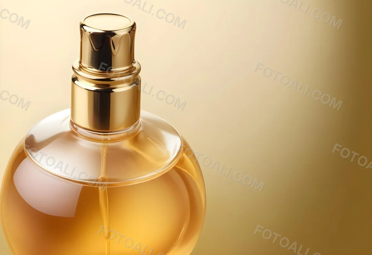 Minimal Soft Studio Light Photography Perfume Bottle With Golden Cap And Yellow Liquid Inside On A Golden Background High Detail Solid Bold Color Background 10 879f