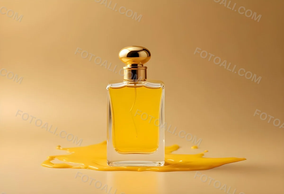 Minimal Soft Studio Light Photography Perfume Bottle With Golden Cap And Yellow Liquid Inside On A Golden Background High Detail Solid Bold Color Background 13 252b