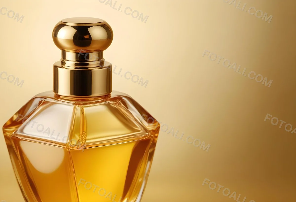 Minimal Soft Studio Light Photography Perfume Bottle With Golden Cap And Yellow Liquid Inside On A Golden Background High Detail Solid Bold Color Background 14 3eda