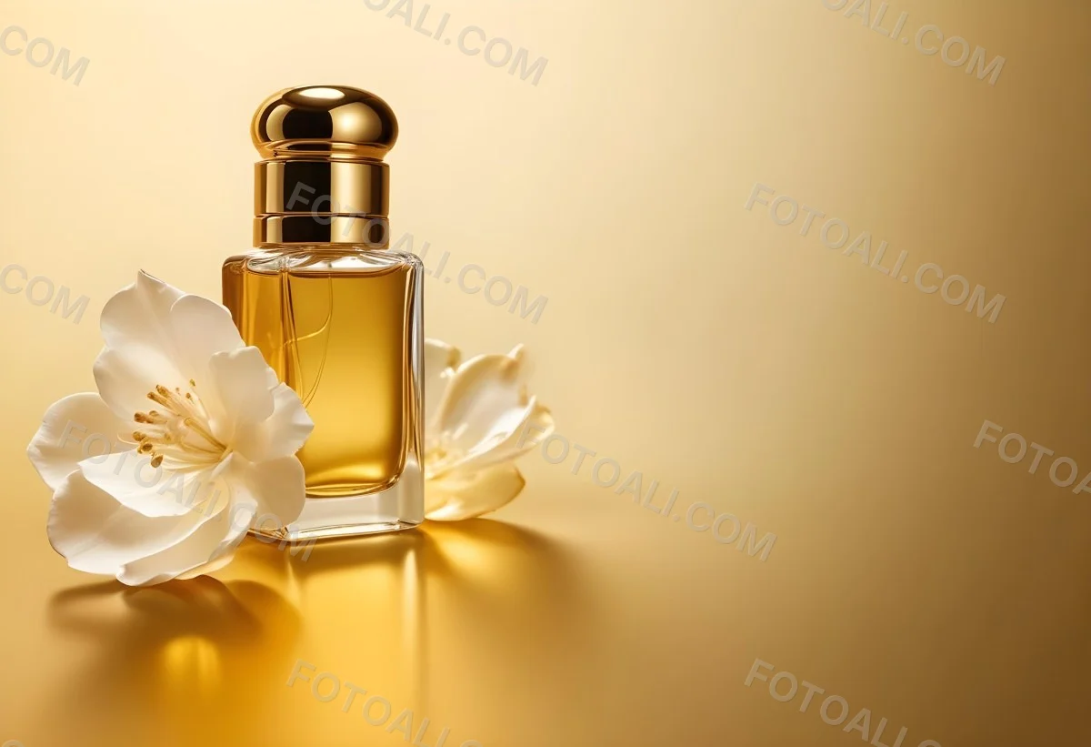 Minimal Soft Studio Light Photography Perfume Bottle With Golden Cap And Yellow Liquid Inside On A Golden Background High Detail Solid Bold Color Background 21 2df3
