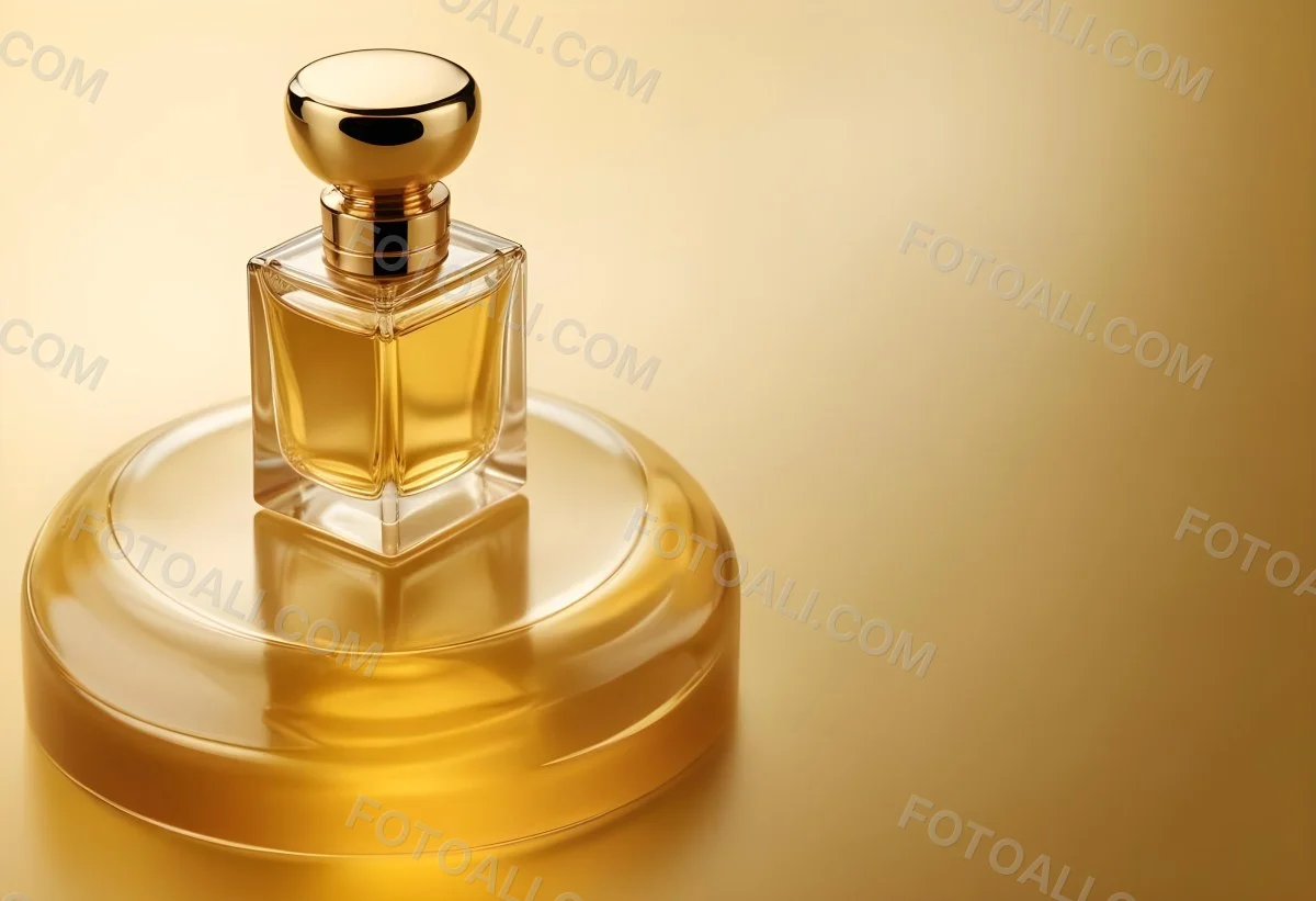 Minimal Soft Studio Light Photography Perfume Bottle With Golden Cap And Yellow Liquid Inside On A Golden Background High Detail Solid Bold Color Background 22 1ac3