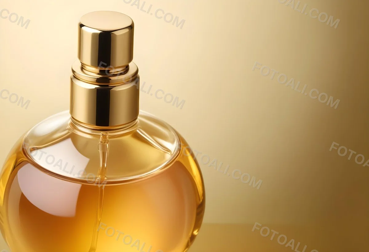 Minimal Soft Studio Light Photography Perfume Bottle With Golden Cap And Yellow Liquid Inside On A Golden Background High Detail Solid Bold Color Background 26 1868