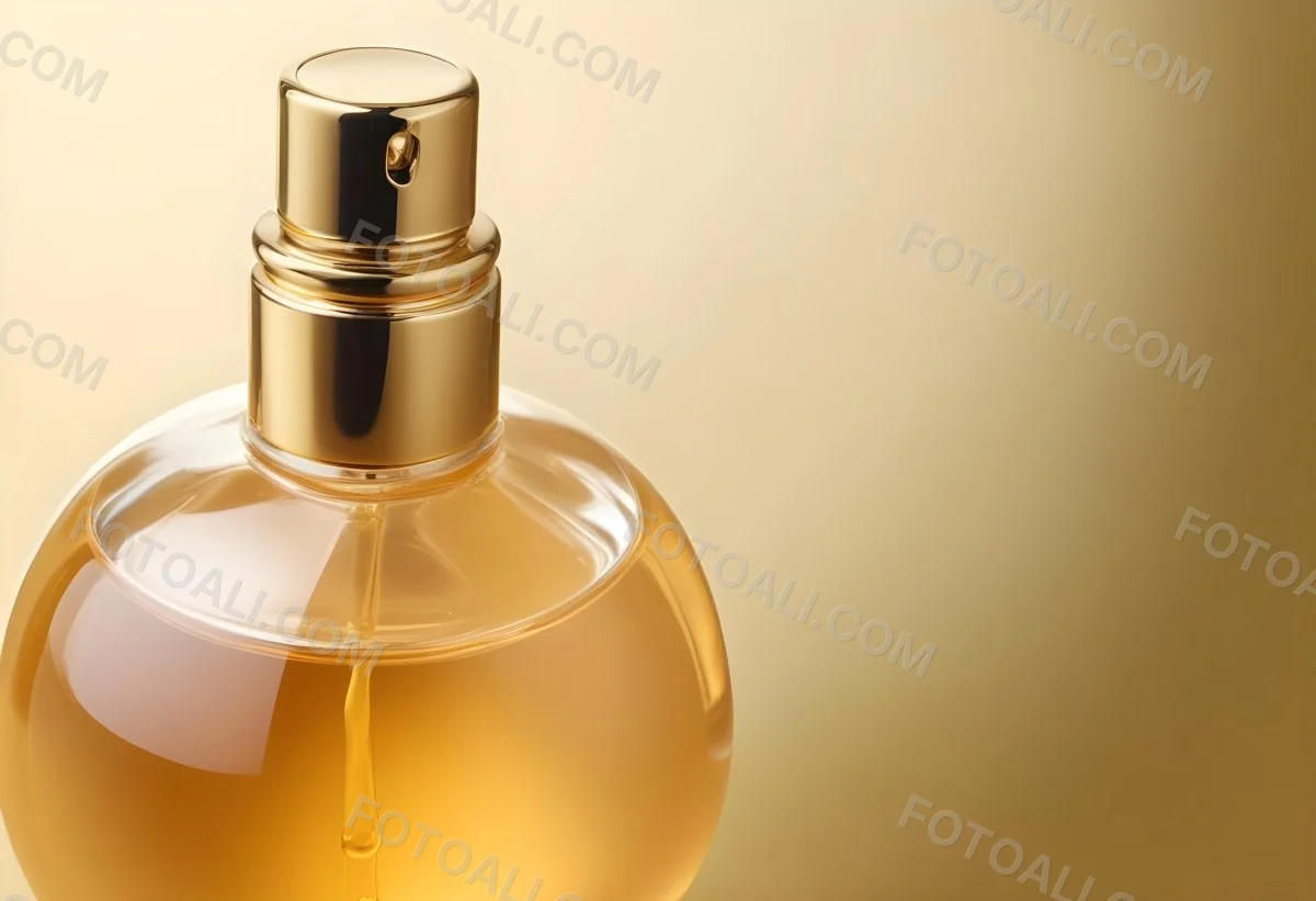 Minimal Soft Studio Light Photography Perfume Bottle With Golden Cap And Yellow Liquid Inside On A Golden Background High Detail Solid Bold Color Background 3 Caf9