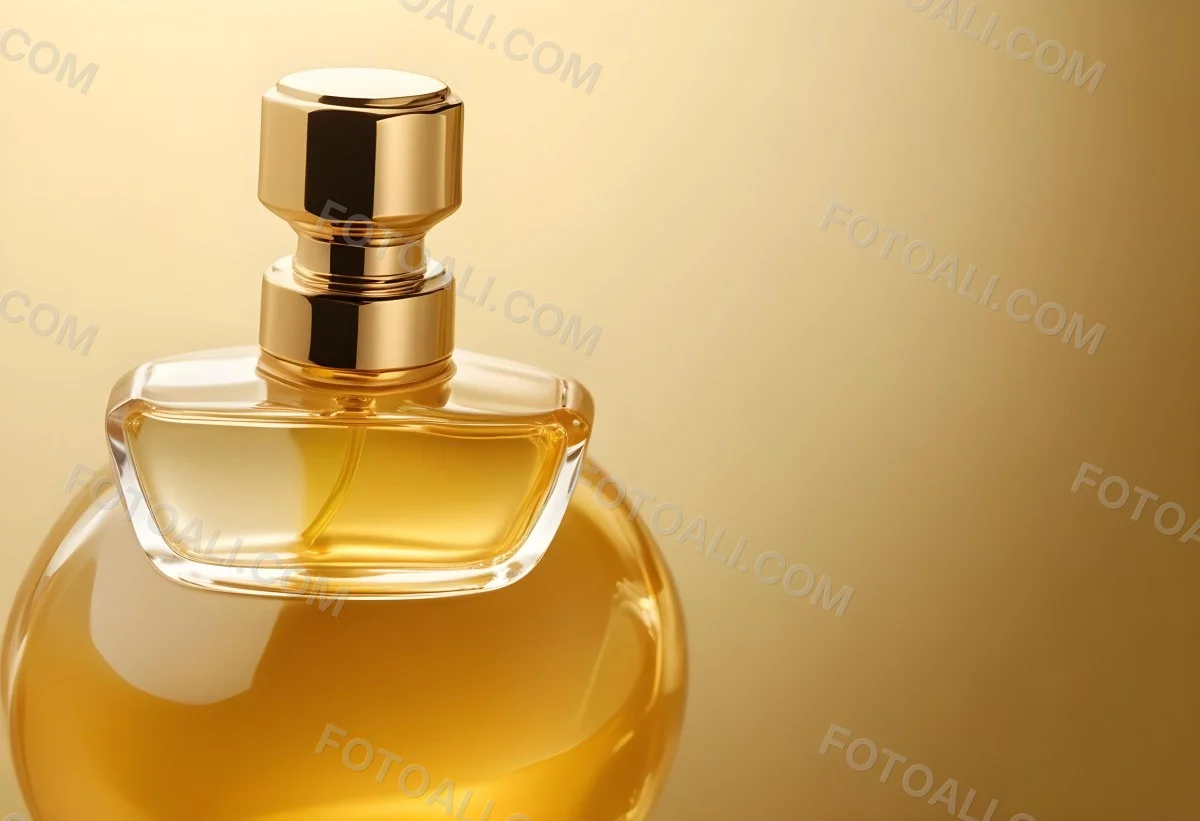 Minimal Soft Studio Light Photography Perfume Bottle With Golden Cap And Yellow Liquid Inside On A Golden Background High Detail Solid Bold Color Background 32 2579