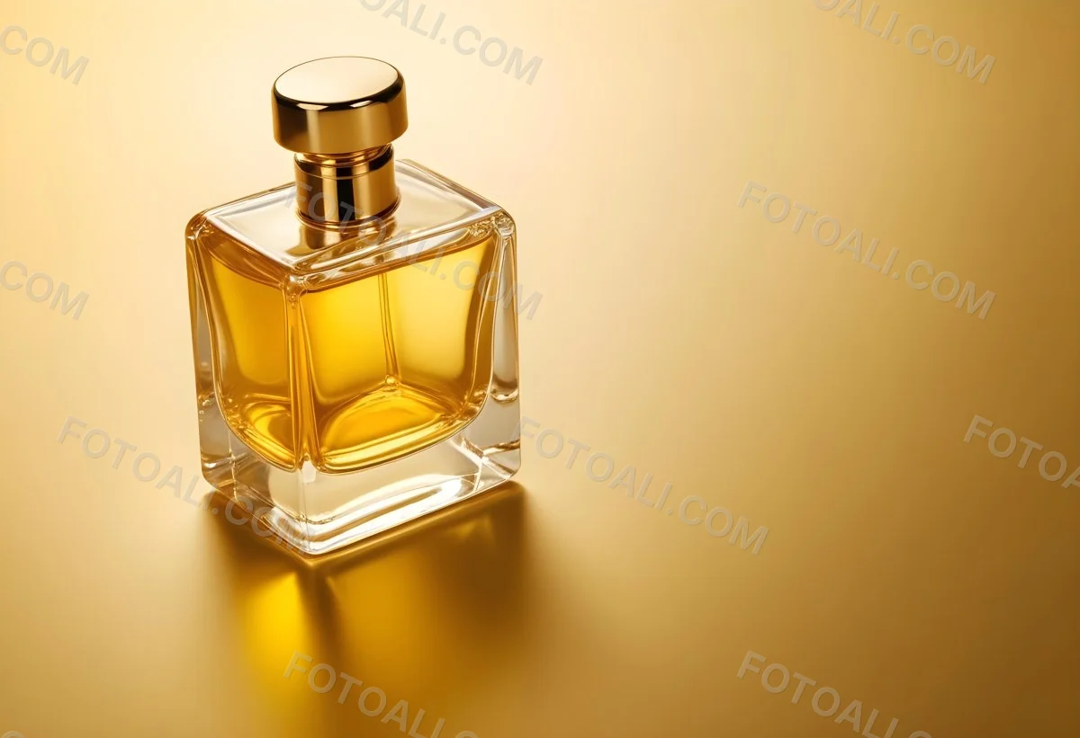 Minimal Soft Studio Light Photography Perfume Bottle With Golden Cap And Yellow Liquid Inside On A Golden Background High Detail Solid Bold Color Background 34 8ad5