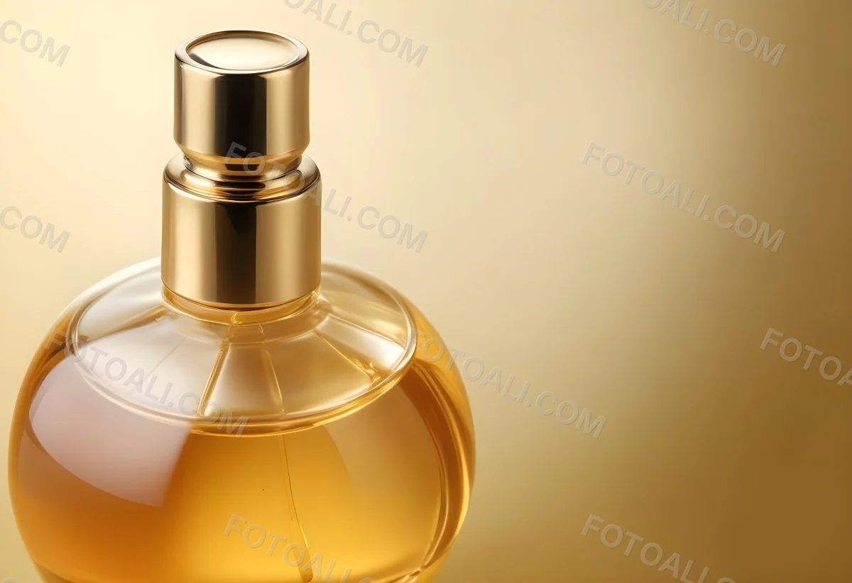 Minimal Soft Studio Light Photography Perfume Bottle With Golden Cap And Yellow Liquid Inside On A Golden Background High Detail Solid Bold Color Background 5 A65f