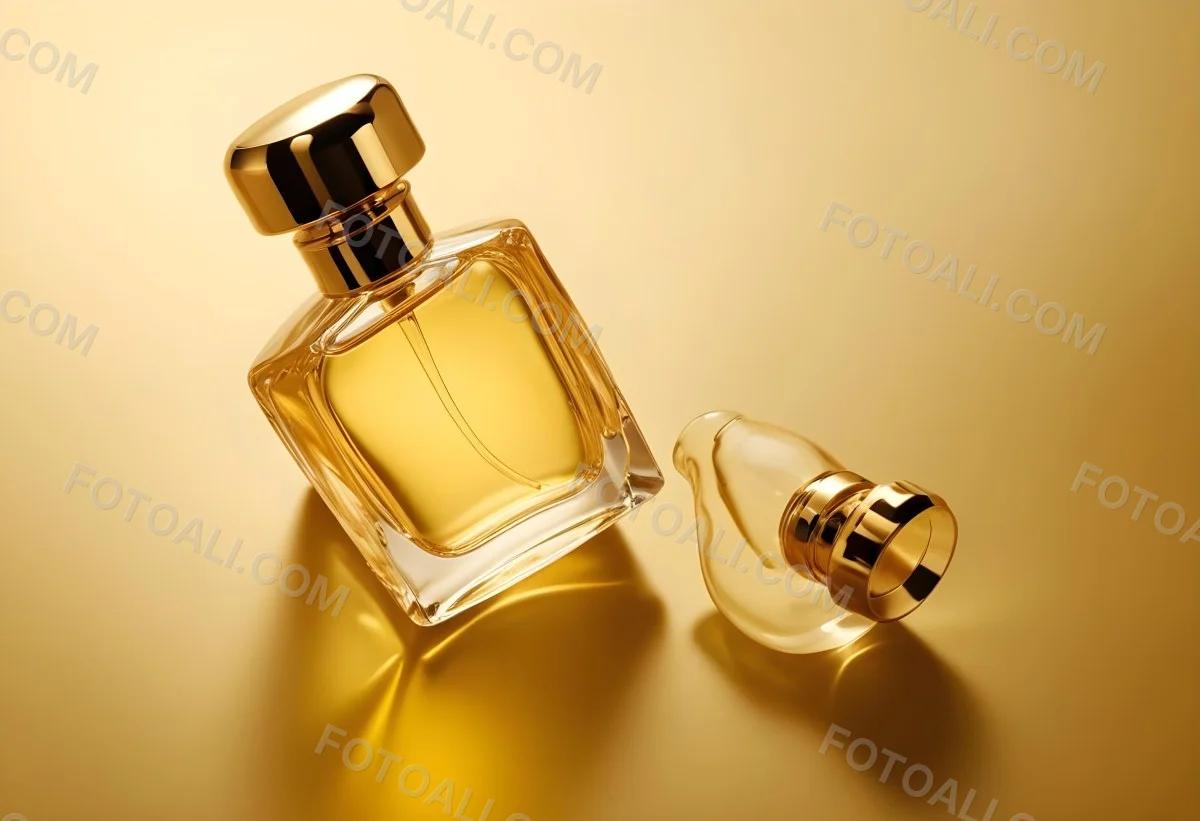 Minimal Soft Studio Light Photography Perfume Bottle With Golden Cap And Yellow Liquid Inside On A Golden Background High Detail Solid Bold Color Background 8 84e1