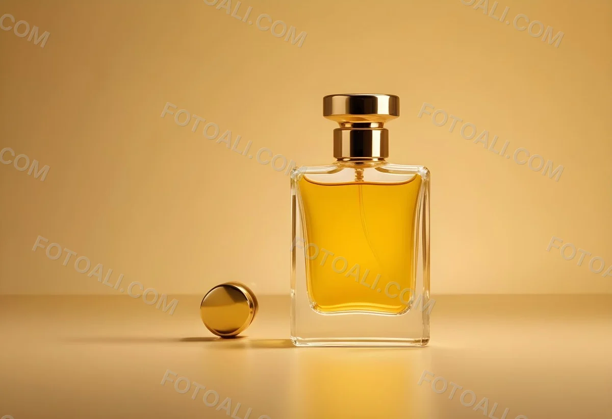 Minimal Soft Studio Light Photography Perfume Bottle With Golden Cap And Yellow Liquid Inside On A Golden Background High Detail Solid Bold Color Background 9 A69d