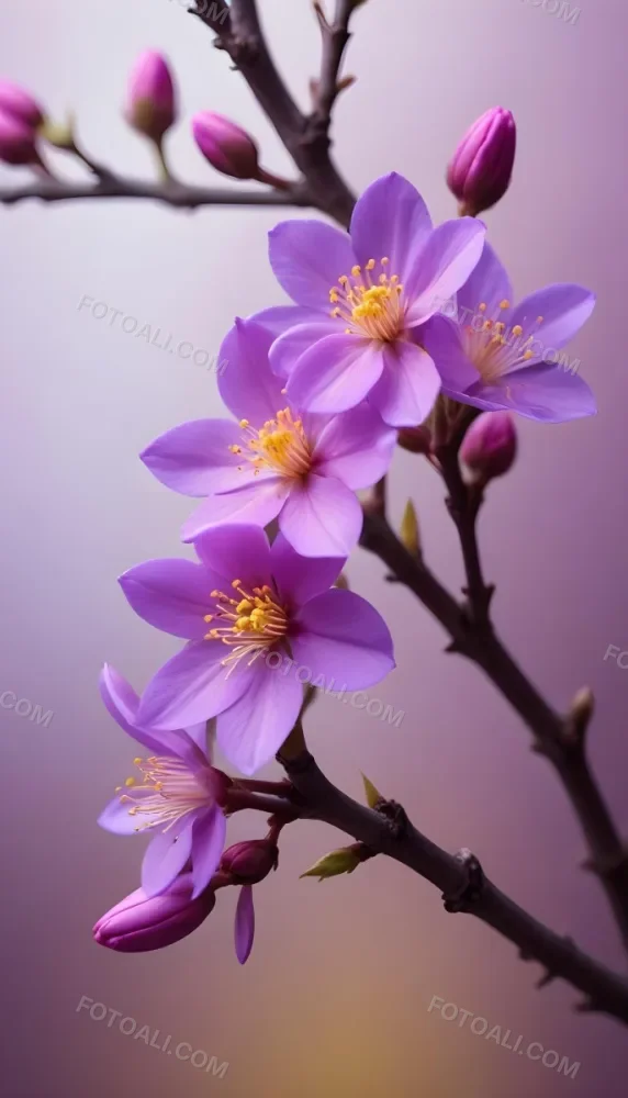 Minimal Soft Studio Light Photography Purple Flowers With Yellow Stamens On A Branch Surrounded By Pink Buds Set Against A Blurred Background High Detail Solid Bold Color Background 1 9980