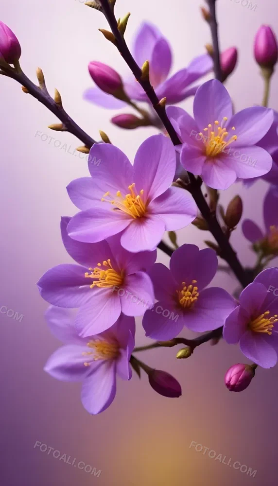 Minimal Soft Studio Light Photography Purple Flowers With Yellow Stamens On A Branch Surrounded By Pink Buds Set Against A Blurred Background High Detail Solid Bold Color Background 12 82c5