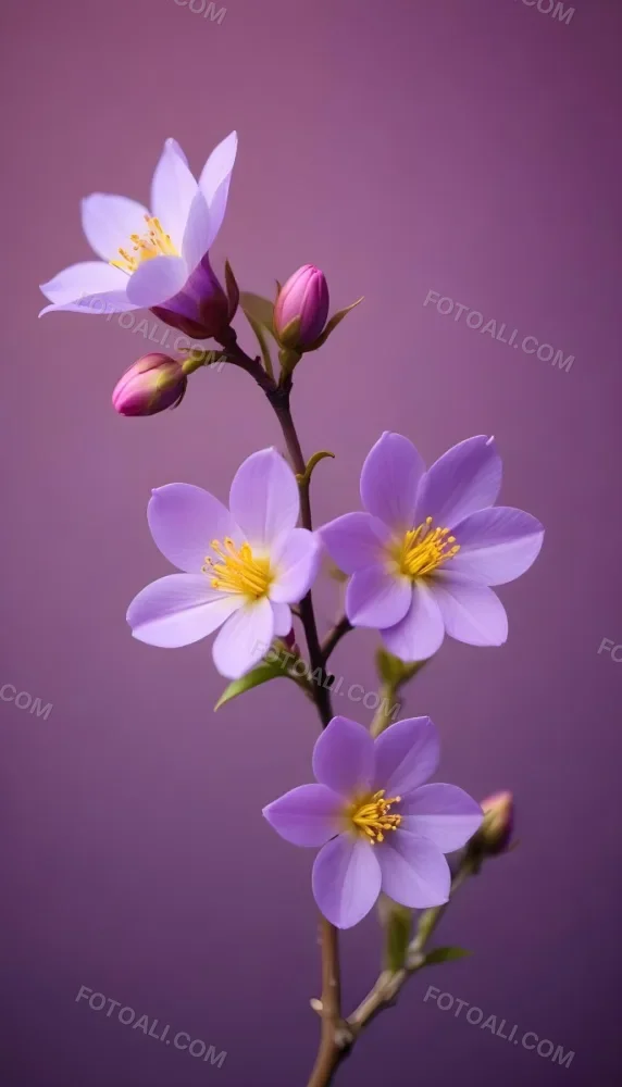 Minimal Soft Studio Light Photography Purple Flowers With Yellow Stamens On A Branch Surrounded By Pink Buds Set Against A Blurred Background High Detail Solid Bold Color Background 2 33b2