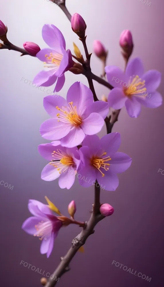 Minimal Soft Studio Light Photography Purple Flowers With Yellow Stamens On A Branch Surrounded By Pink Buds Set Against A Blurred Background High Detail Solid Bold Color Background 30 45eb