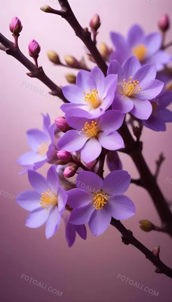 Minimal Soft Studio Light Photography Purple Flowers With Yellow Stamens On A Branch Surrounded By Pink Buds Set Against A Blurred Background High Detail Solid Bold Color Background 38 Baab