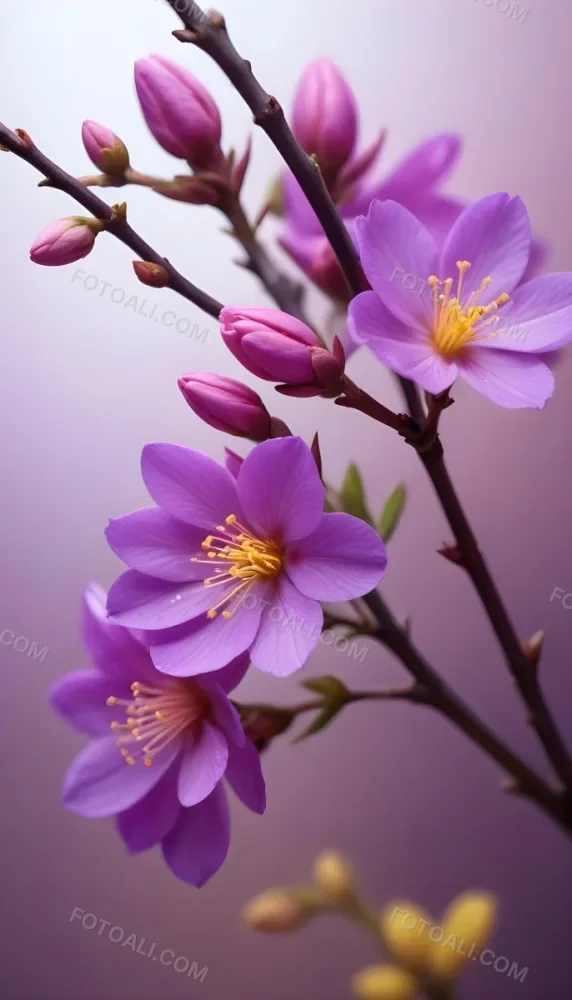 Minimal Soft Studio Light Photography Purple Flowers With Yellow Stamens On A Branch Surrounded By Pink Buds Set Against A Blurred Background High Detail Solid Bold Color Background 4 1615