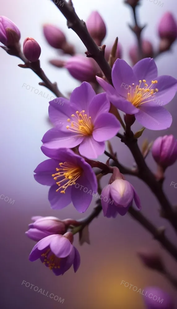 Minimal Soft Studio Light Photography Purple Flowers With Yellow Stamens On A Branch Surrounded By Pink Buds Set Against A Blurred Background High Detail Solid Bold Color Background 41 2d97