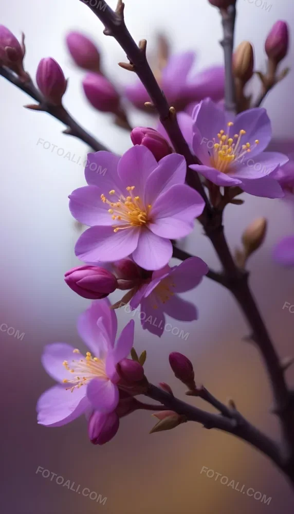 Minimal Soft Studio Light Photography Purple Flowers With Yellow Stamens On A Branch Surrounded By Pink Buds Set Against A Blurred Background High Detail Solid Bold Color Background 42 C032