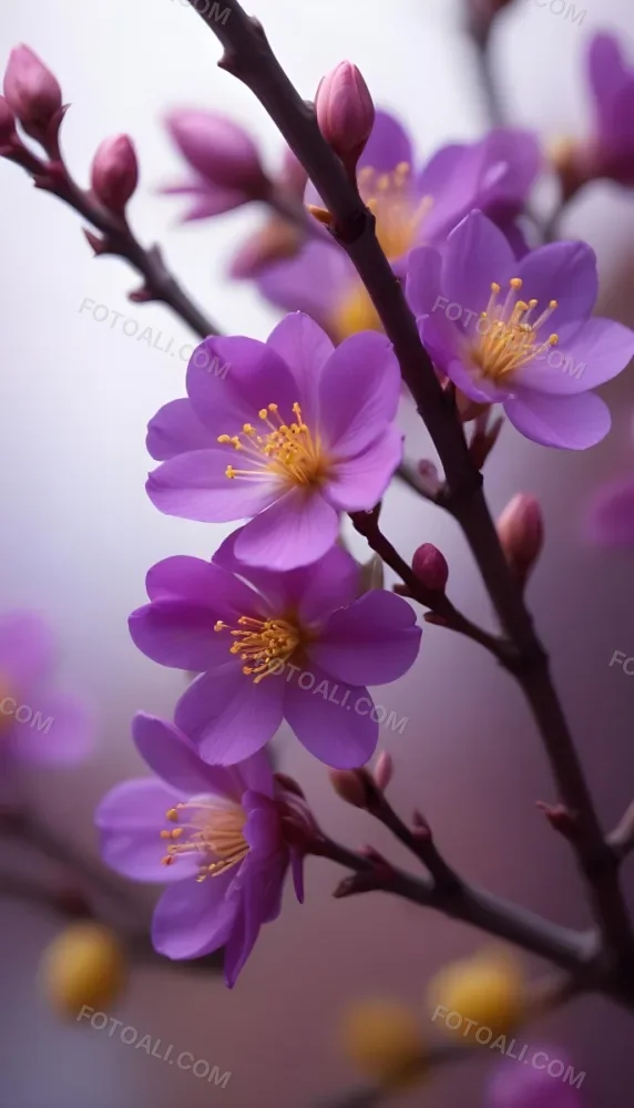 Minimal Soft Studio Light Photography Purple Flowers With Yellow Stamens On A Branch Surrounded By Pink Buds Set Against A Blurred Background High Detail Solid Bold Color Background 43 7e23