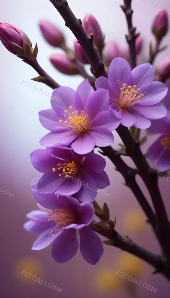 Minimal Soft Studio Light Photography Purple Flowers With Yellow Stamens On A Branch Surrounded By Pink Buds Set Against A Blurred Background High Detail Solid Bold Color Background 44 91c6