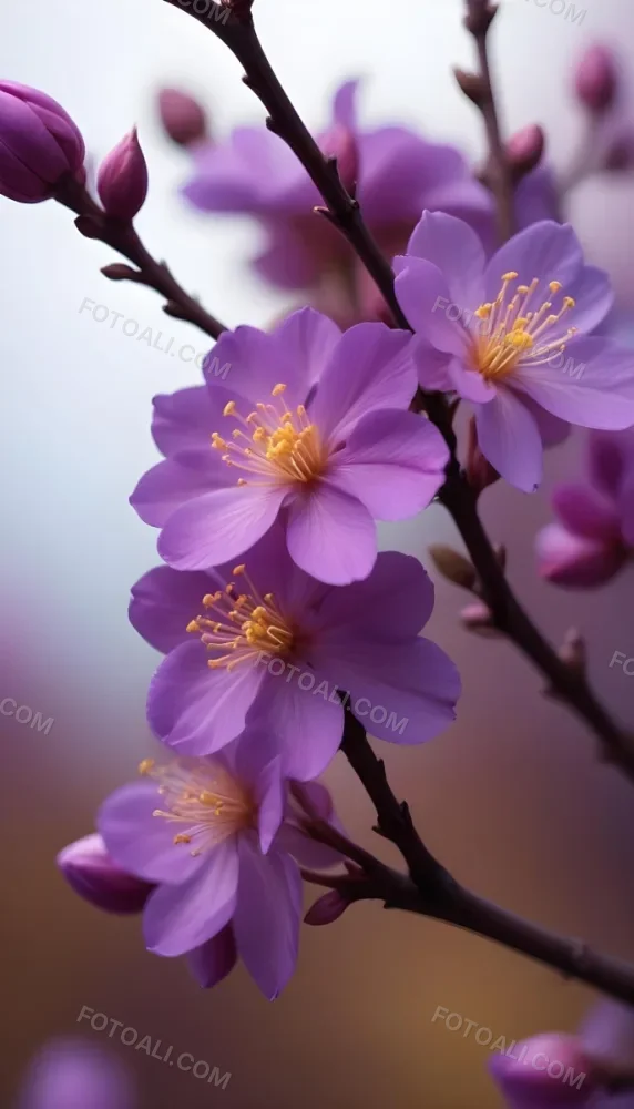 Minimal Soft Studio Light Photography Purple Flowers With Yellow Stamens On A Branch Surrounded By Pink Buds Set Against A Blurred Background High Detail Solid Bold Color Background 45 B594
