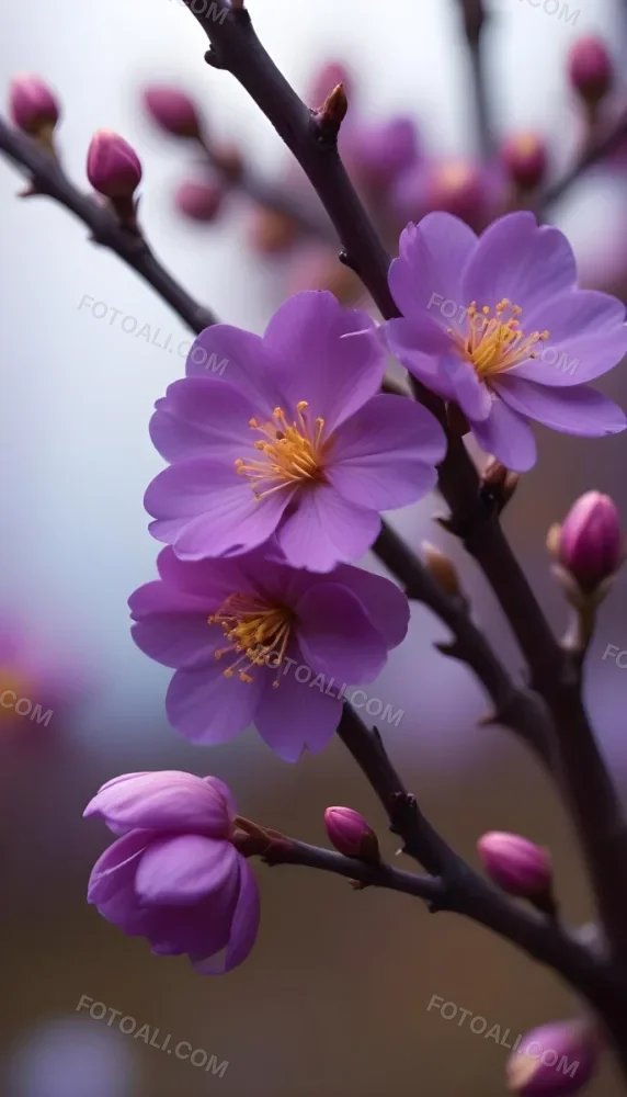 Minimal Soft Studio Light Photography Purple Flowers With Yellow Stamens On A Branch Surrounded By Pink Buds Set Against A Blurred Background High Detail Solid Bold Color Background 46 1658