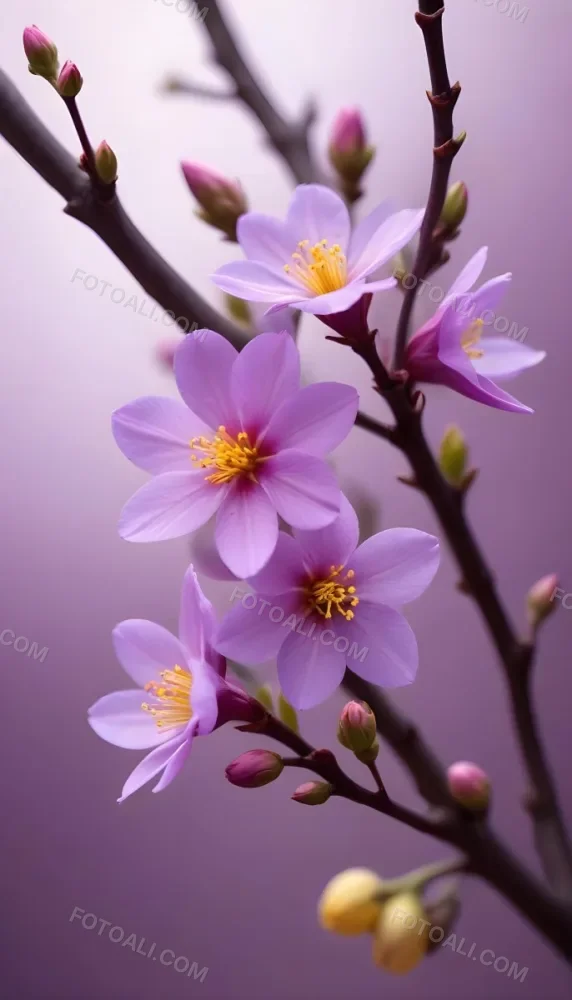 Minimal Soft Studio Light Photography Purple Flowers With Yellow Stamens On A Branch Surrounded By Pink Buds Set Against A Blurred Background High Detail Solid Bold Color Background 5 A1f0