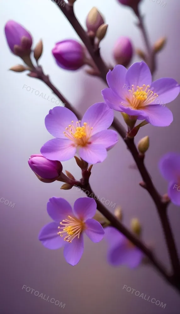Minimal Soft Studio Light Photography Purple Flowers With Yellow Stamens On A Branch Surrounded By Pink Buds Set Against A Blurred Background High Detail Solid Bold Color Background 6 9625