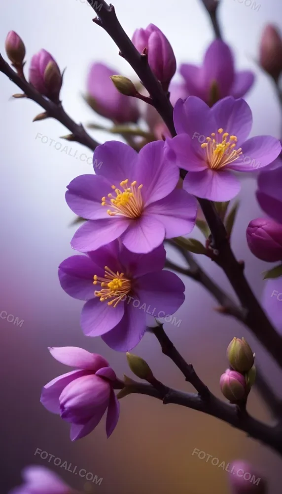 Minimal Soft Studio Light Photography Purple Flowers With Yellow Stamens On A Branch Surrounded By Pink Buds Set Against A Blurred Background High Detail Solid Bold Color Background 7 D347