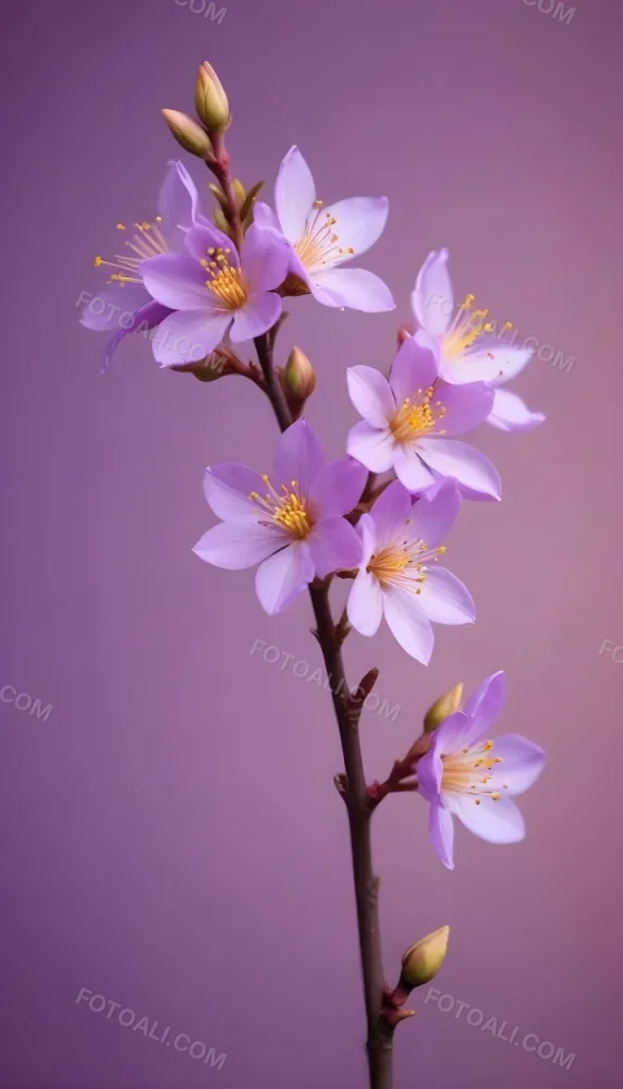 Minimal Soft Studio Light Photography Purple Flowers With Yellow Stamens On A Branch Surrounded By Pink Buds Set Against A Blurred Background High Detail Solid Bold Color Background 8 8d49