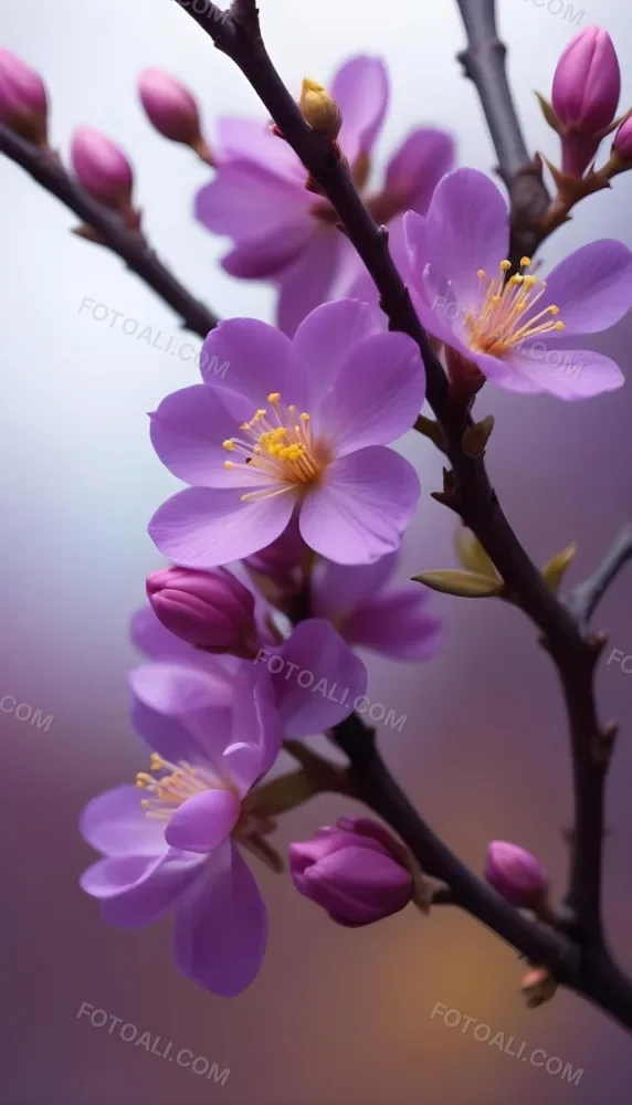 Minimal Soft Studio Light Photography Purple Flowers With Yellow Stamens On A Branch Surrounded By Pink Buds Set Against A Blurred Background High Detail Solid Bold Color Background 9 E68f