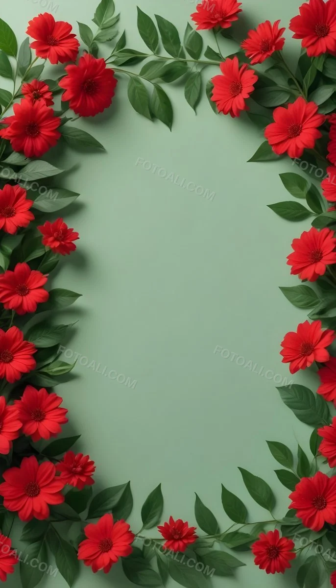 Minimal Soft Studio Light Photography Red Flowers With Green Leaves On A Light Background Creating A Floral Frame High Detail Solid Bold Color Background 4 19d9