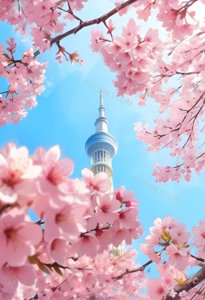 Minimal Soft Studio Light Photography Tokyo Skytree With Cherry Blossoms In A Blue Sky High Detail Solid Bold Color Background 15 B73c
