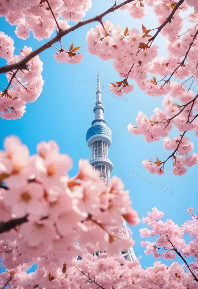 Minimal Soft Studio Light Photography Tokyo Skytree With Cherry Blossoms In A Blue Sky High Detail Solid Bold Color Background 24 532c